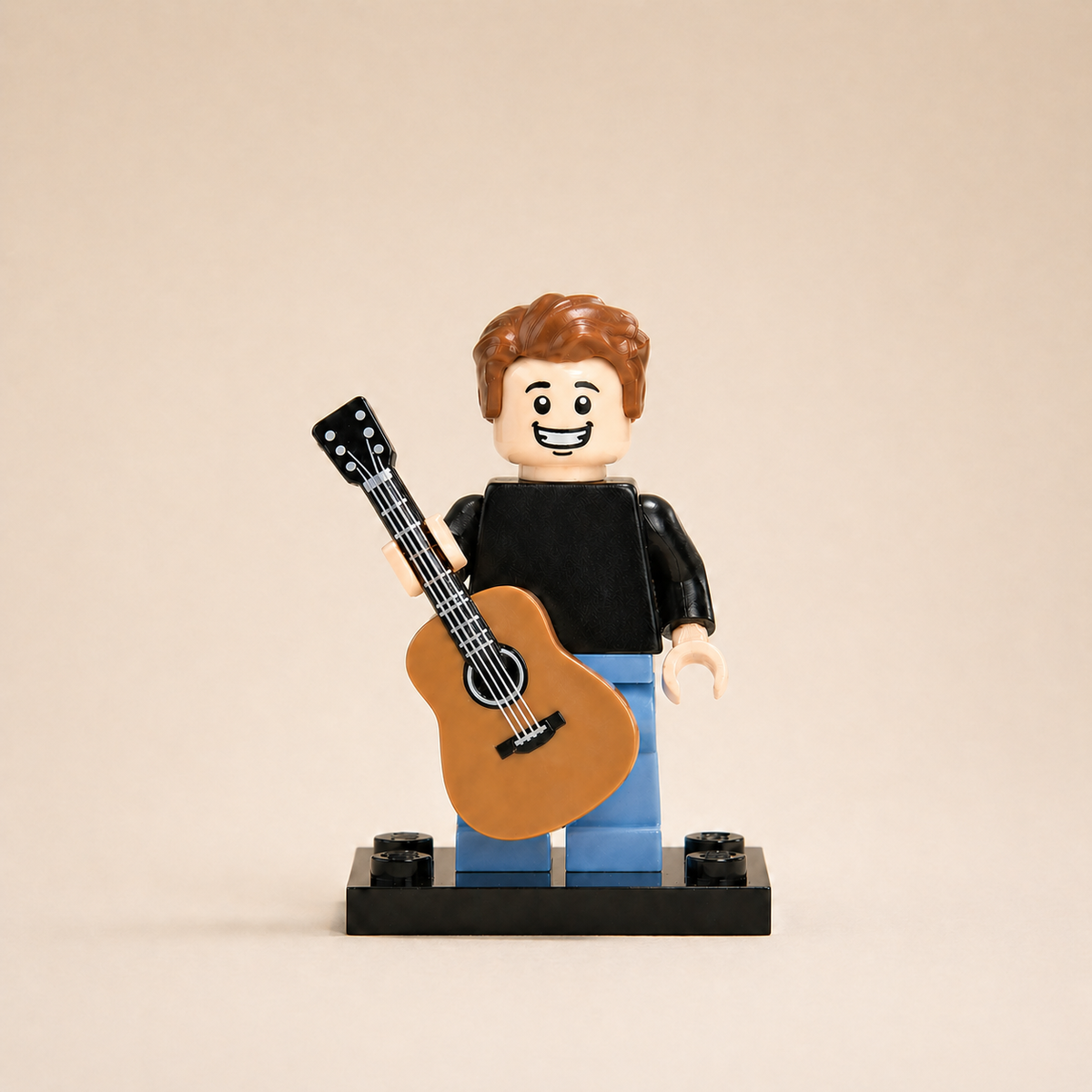 Custom minifigure with brown hair, a black shirt and a guitar on a black display base